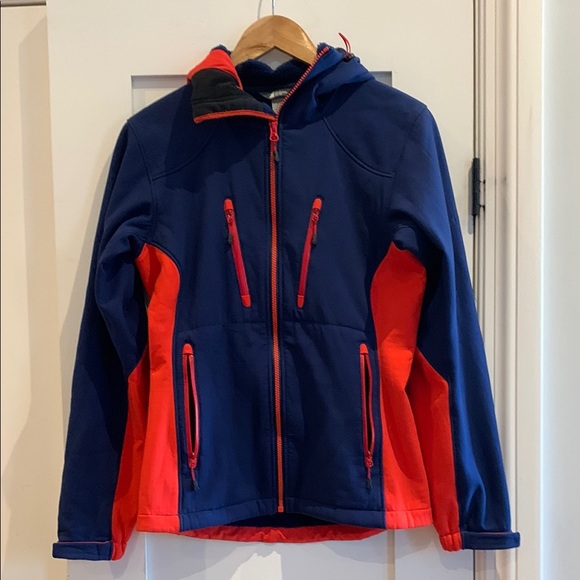 Woman’s Mountain Equipment Co-Op Blue and Red Raincoat with Hood - Picture 1 of 2